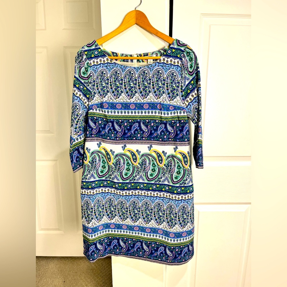 Old Navy Shift Dress Blue Paisley Lined 3/4th Sleeves Career Casual Travel Sz S